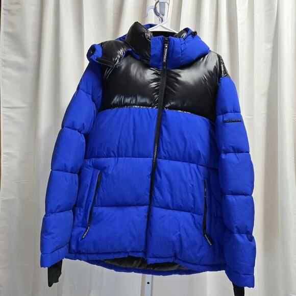 BCBGeneration women's Sz 1XL Colorblock Hooded Puffer Jacket Blue/Blk Utility - Picture 2 of 7